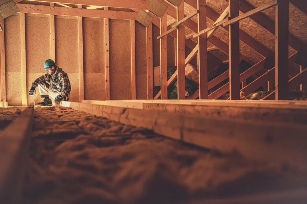 Construction Worker installing roof insulation and the Wooden House Attic