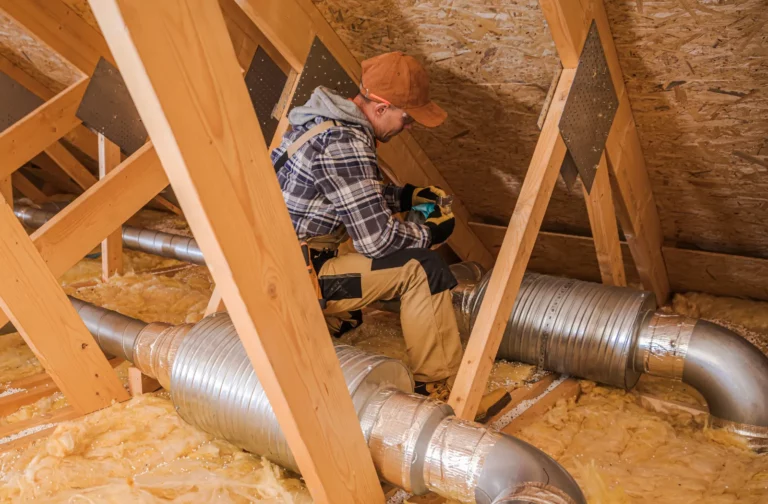 Heating and Cooling Technician Installing Upper-Level Insulation