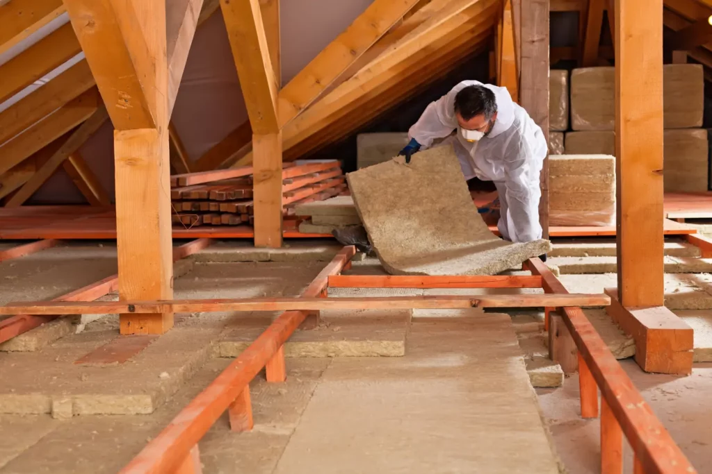 A man installing attic insulation into a attic floor.