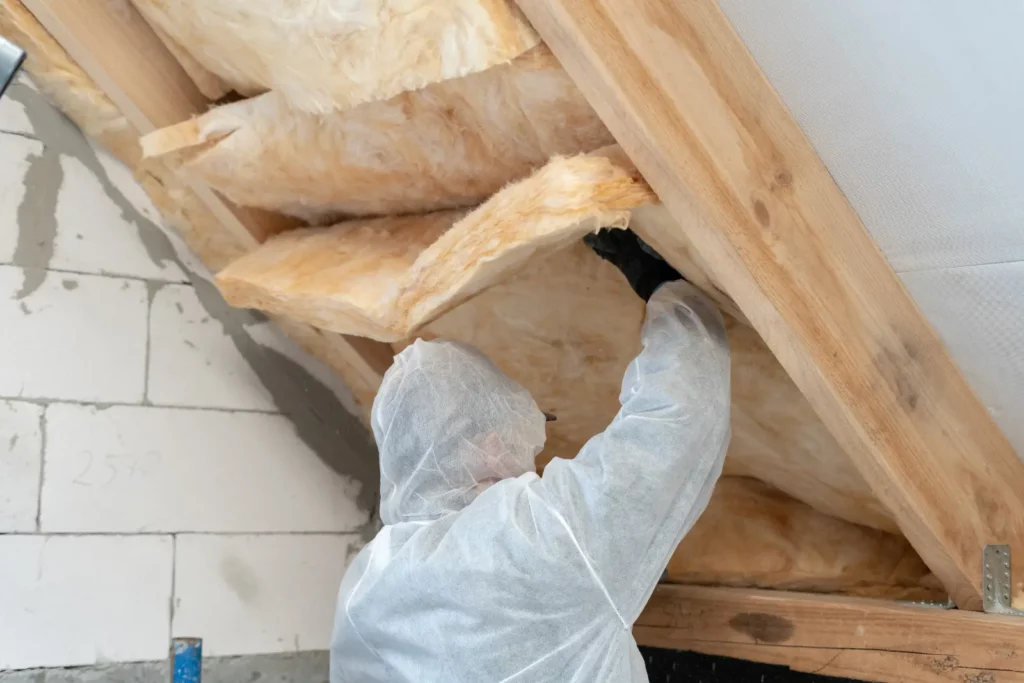 Professional worker installing Attic Insulation Promotes Health: thermal insulation layer under the roof.
