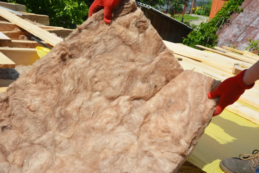 Maximize Attic Insulation: Roofer laying fiberglass batt glass wool for energy efficiency and a multi-layered effect.