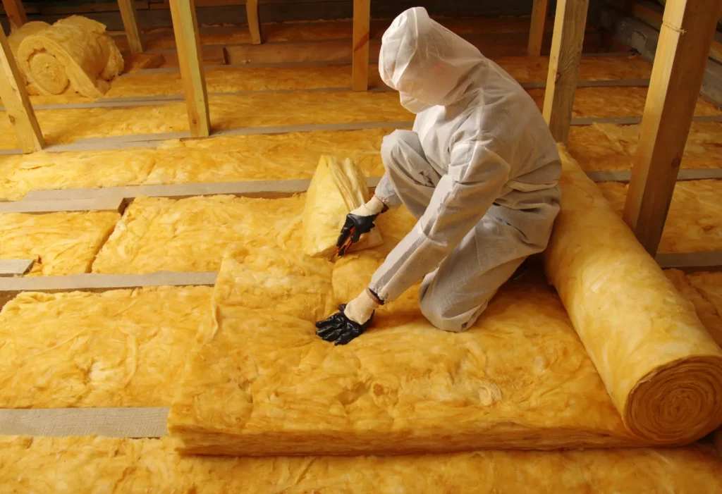 Pro Insulation: Worker thermally insulating house attic with high-quality glass wool for optimal comfort and energy efficiency.
