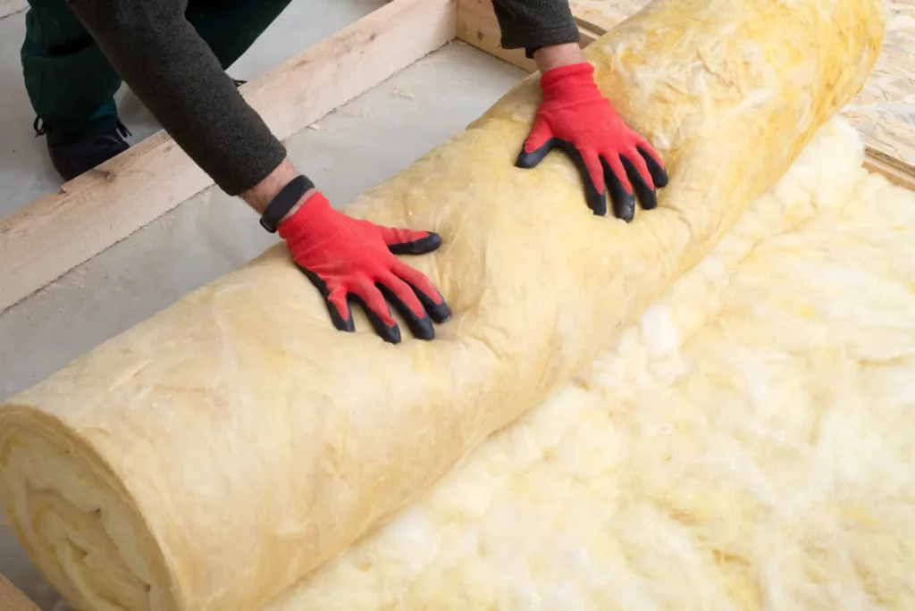 Closeup hands rolling out insulation that Offers Top Attic R-Value Efficiency.