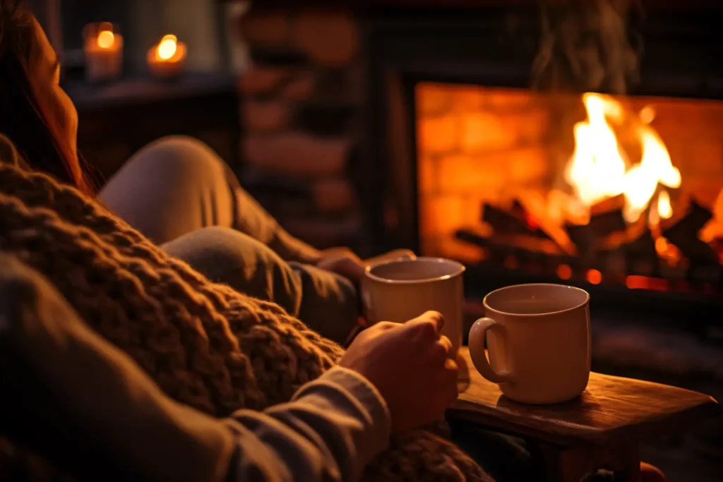 A couple sitting near a fire in their indoor fireplace. They have mugs in their hands.