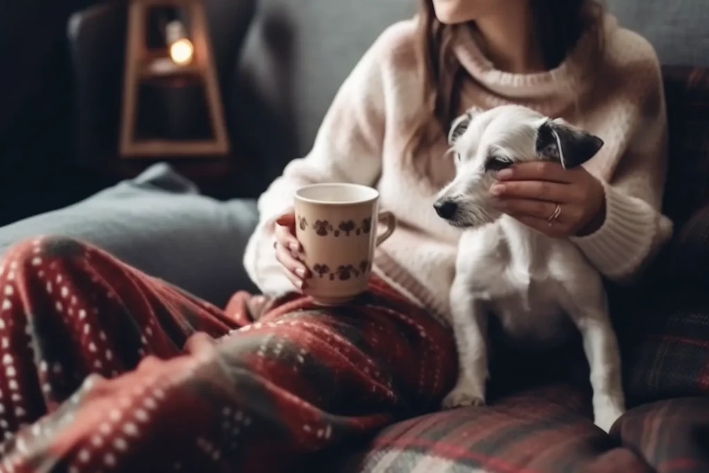 A woman sitting on the couch with a dog feels cozy in winter.