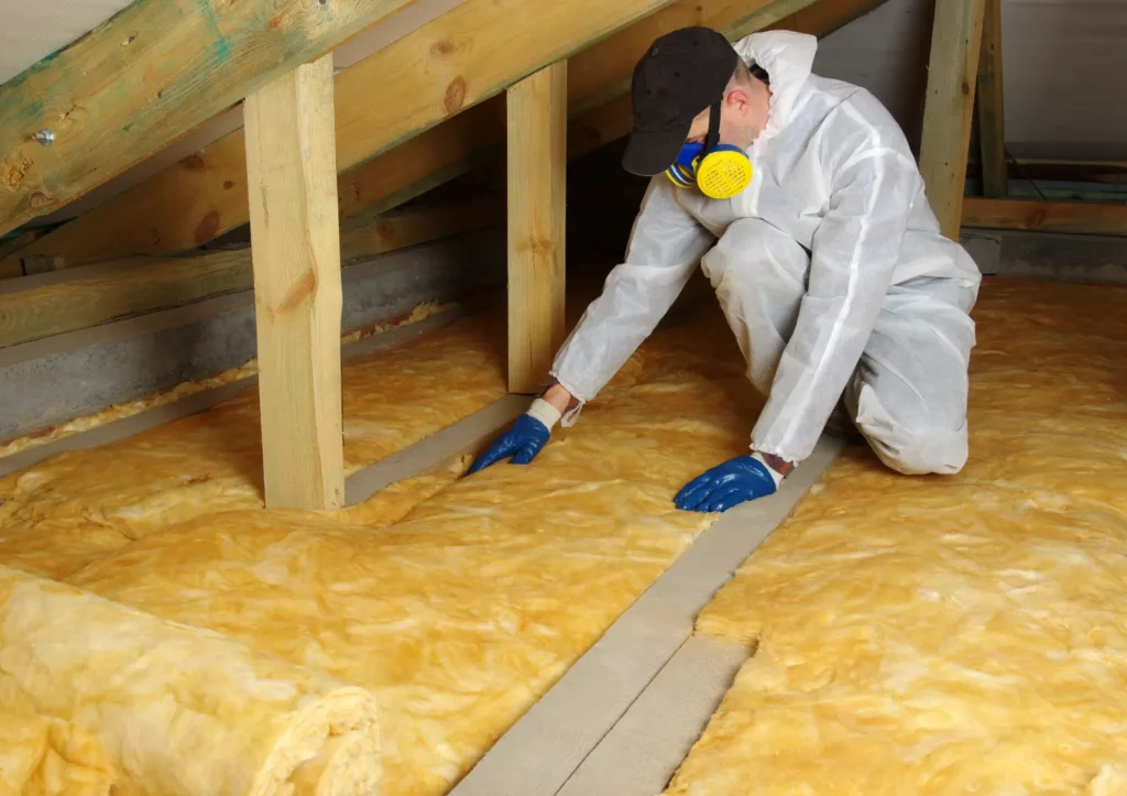 A professional insulation installer putting insulation down in an attic space.