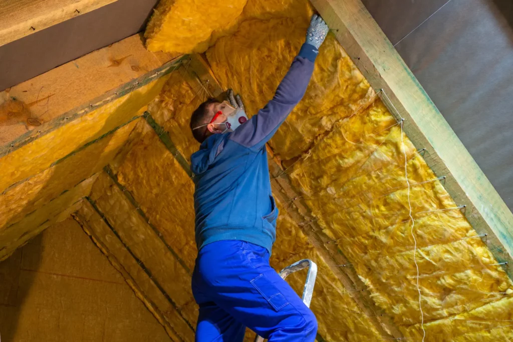 man insulates the attic of the house with mineral wool for Safe Ventilation