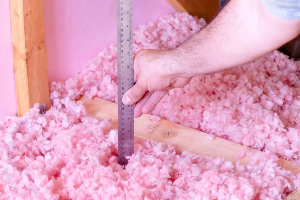 A hand holding a ruler, putting it into pink insulation.