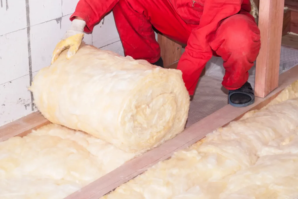 A person in an orange jumpsuit and gloves rolling out insulation on a loft floor.